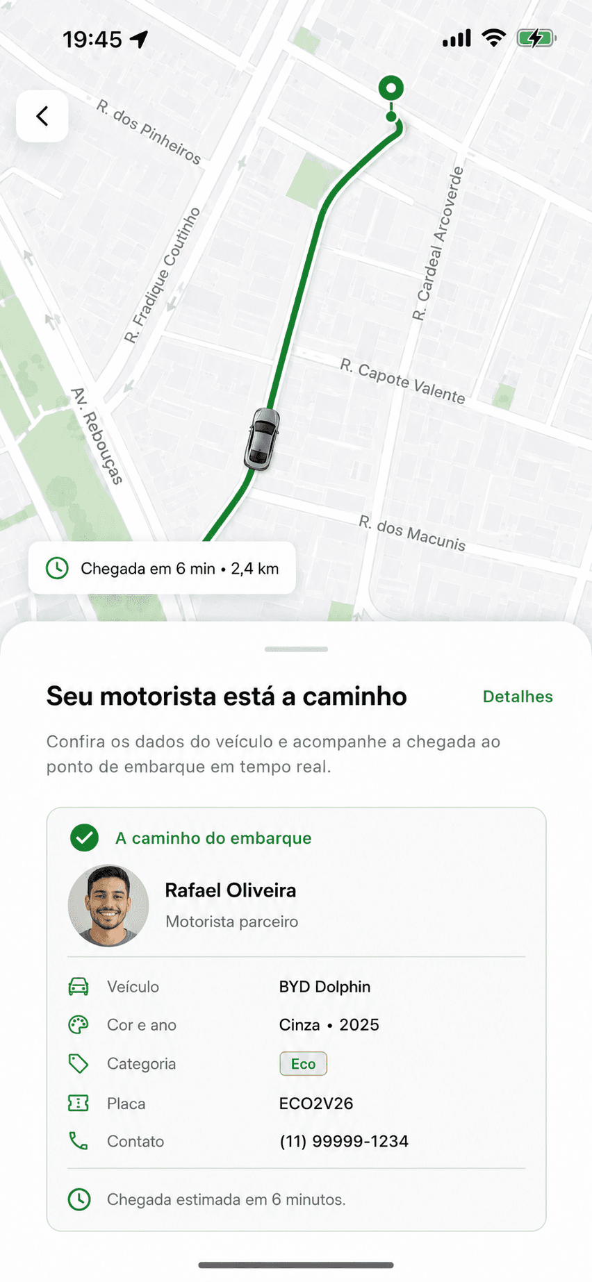 Aplicativo Ecomove acompanhando a chegada do motorista
